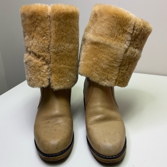 Blondo 70’s Vintage Women’s 9 Shearling Leather Sheepskin Boots Stacked Heel Rad - Picture 3 of 16